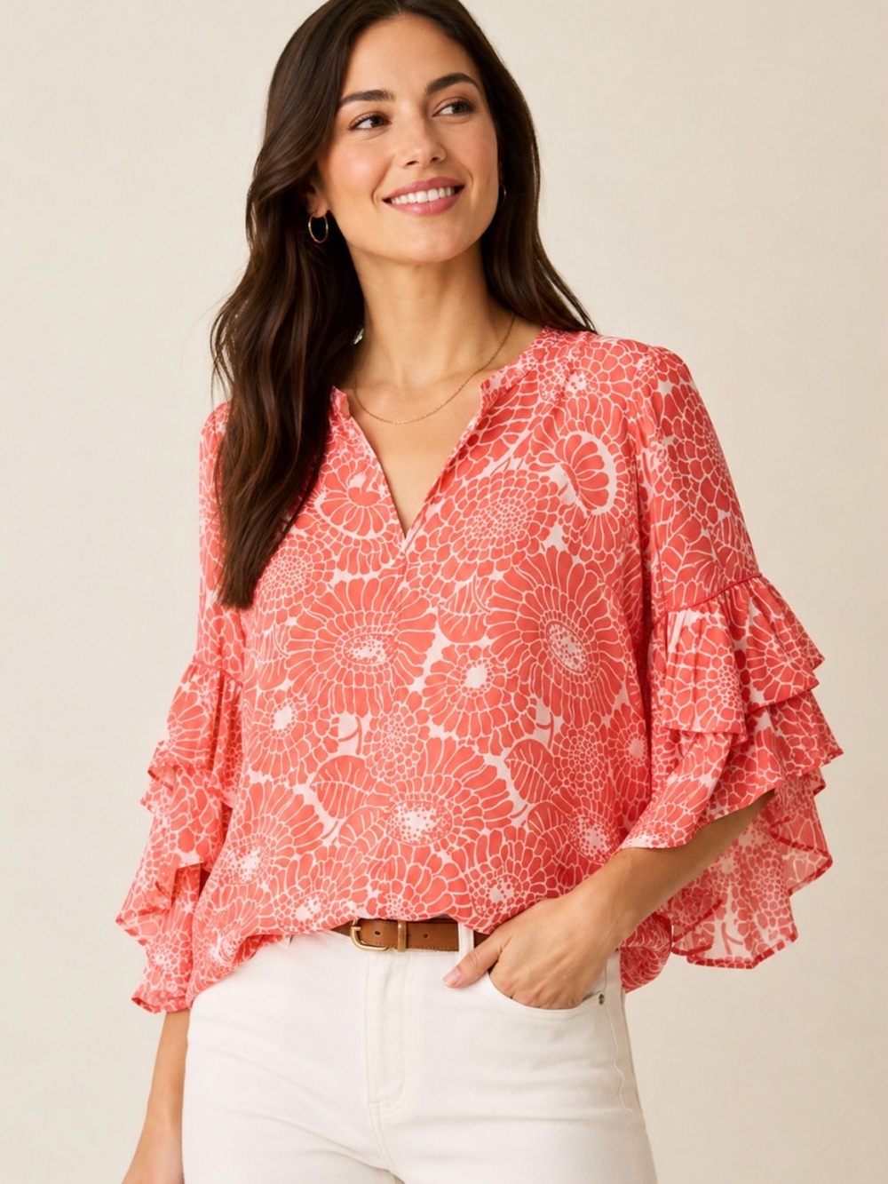 Ann Taylor Coral Ruffle Sleeve Blouse Size Small